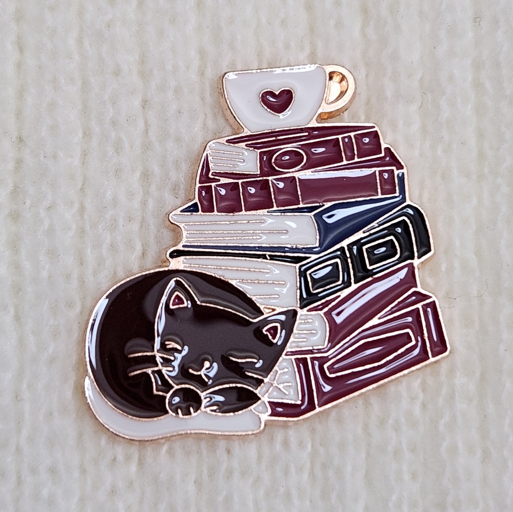 Cat With Books Bookish Enamel Pin